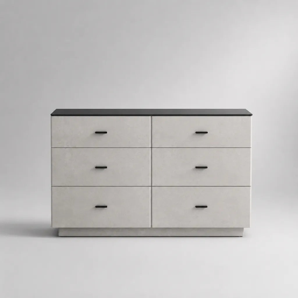 Commode basse rectangulaire à 6 tiroirs en panneaux de particules mélaminés gris clair et noir, 120 × 40 × 76 cm