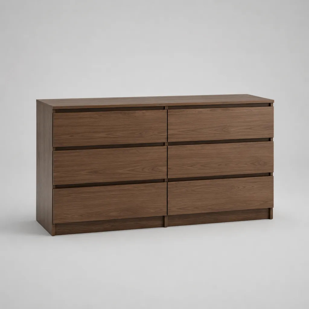 Commode basse en bois à 6 tiroirs, marron noyer, 140 × 40 × 75 cm