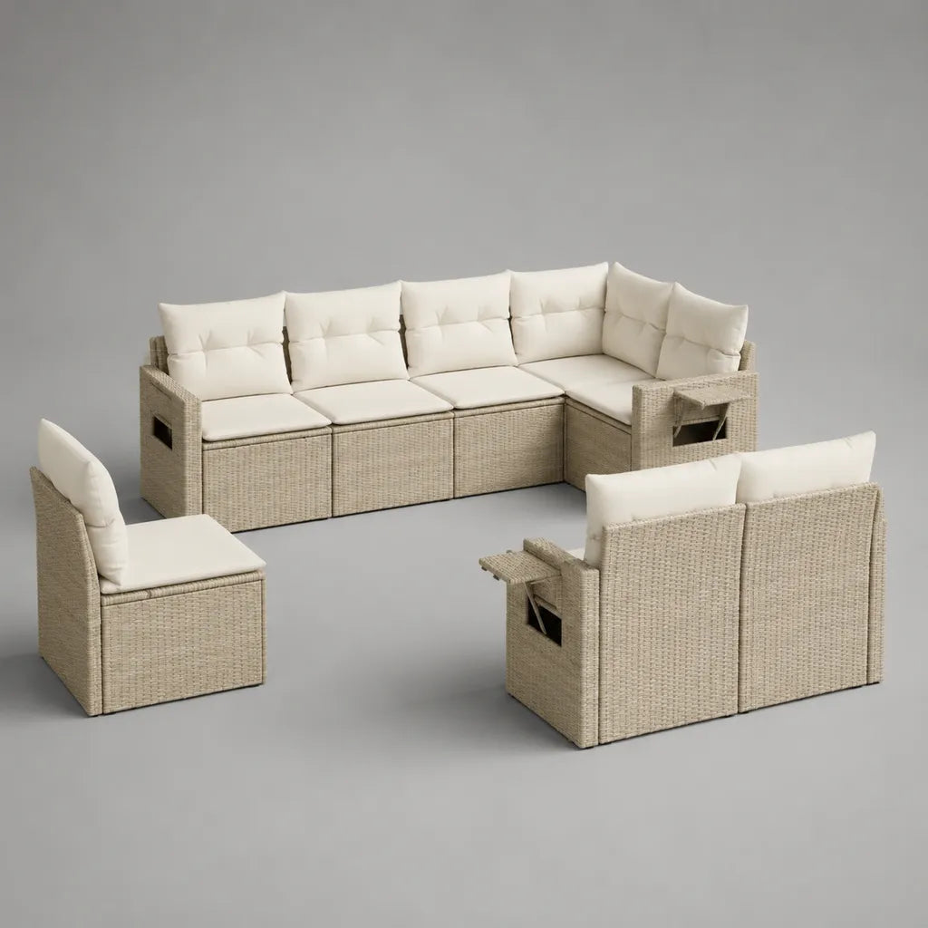 Ensemble de canapé de jardin modulable 8 places en L en résine tressée PE beige avec coussins écrus, 250 × 130 × 70 cm