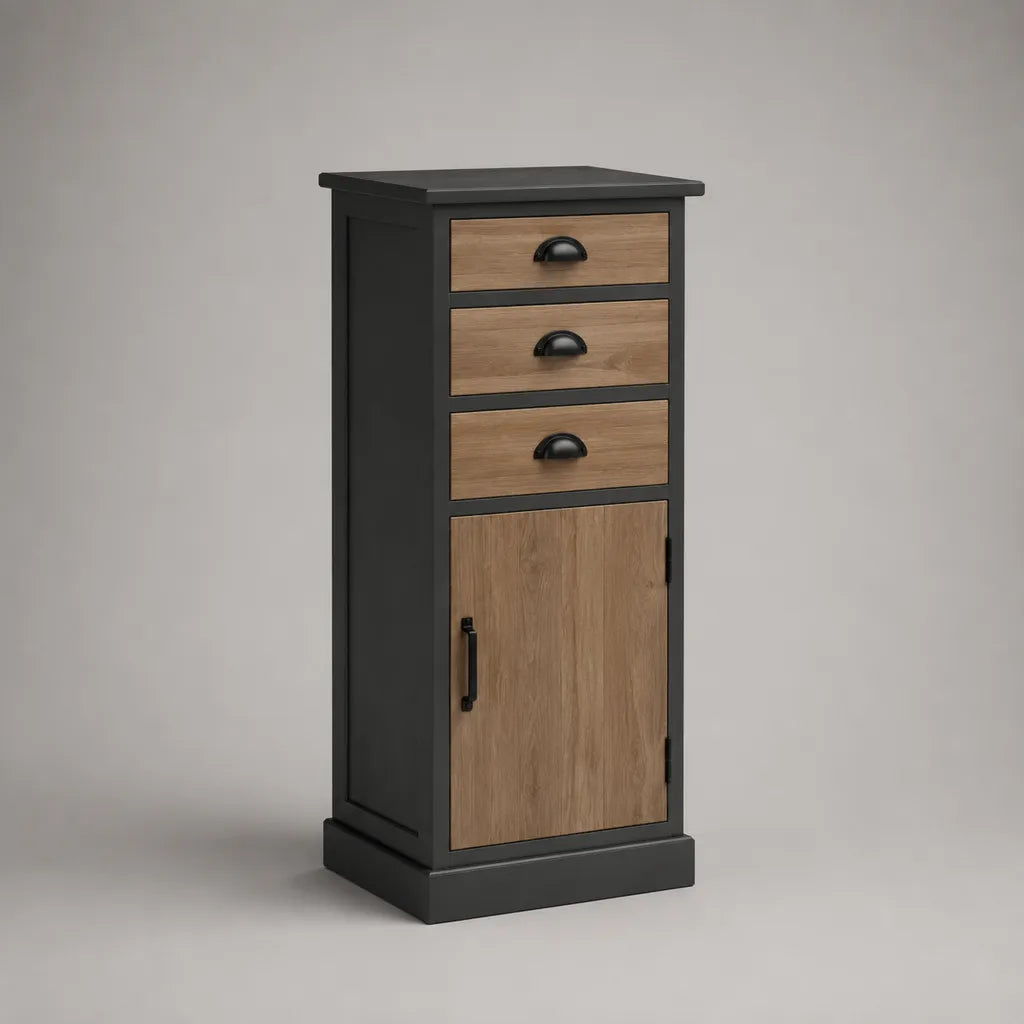 Armoire colonne de rangement en MDF noir et décor chêne naturel, 3 tiroirs et 1 porte, 40 × 35 × 110 cm