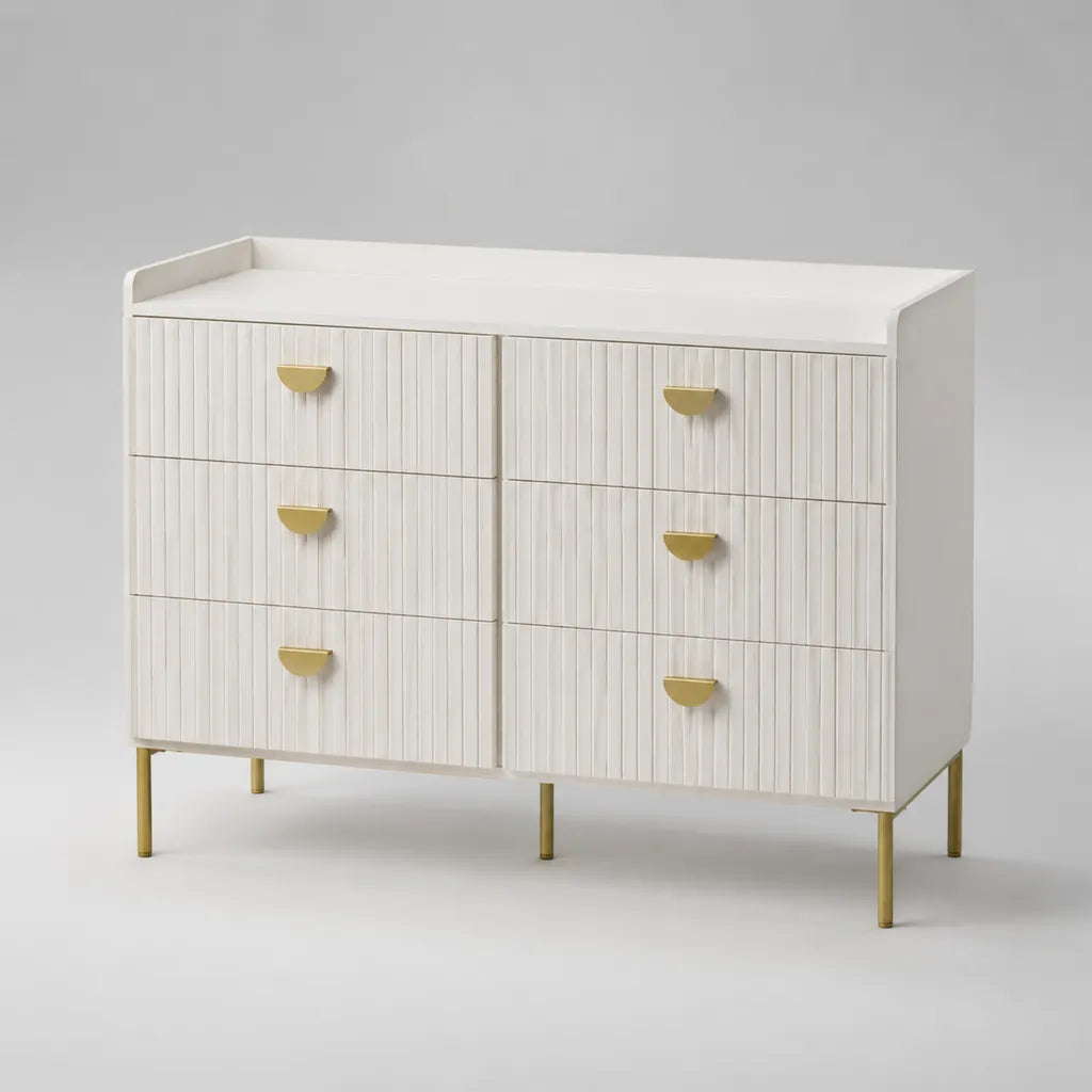 Commode rectangulaire à 6 tiroirs en MDF et acier, blanc cassé et laiton, 120 × 40 × 90 cm