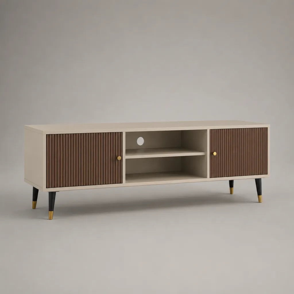 Meuble TV rectangulaire en MDF beige et brun foncé, 2 portes et 2 niches, 120 × 40 × 60 cm