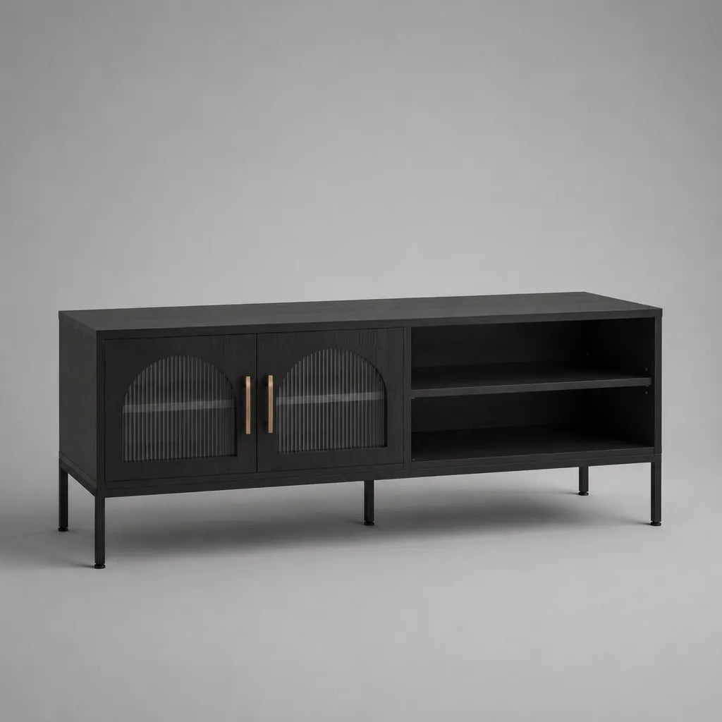 Meuble TV noir et laiton avec 2 portes et 2 niches en MDF, verre cannelé et acier, 140 × 40 × 60 cm