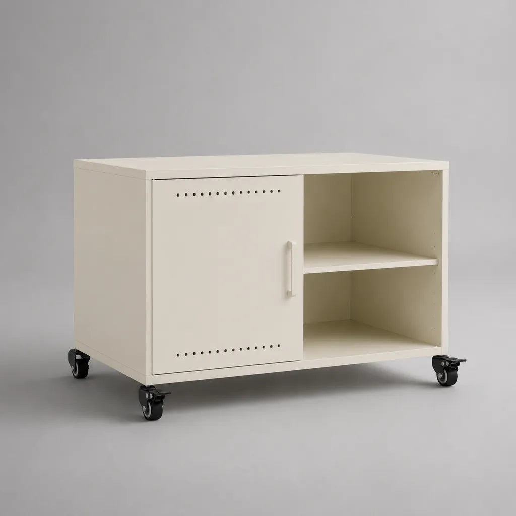 Meuble TV mobile rectangulaire en acier blanc cassé avec porte, étagère et roulettes, 90 × 40 × 65 cm
