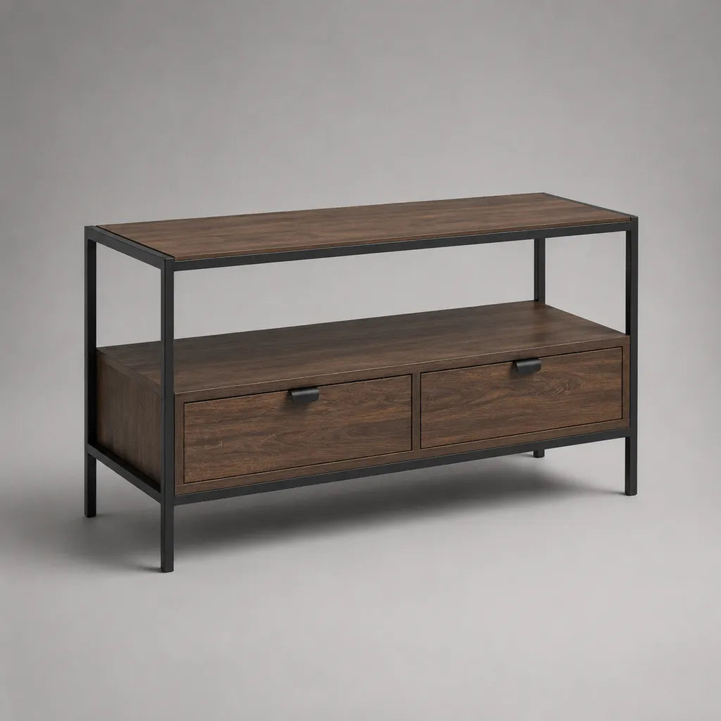 Meuble TV rectangulaire en bois et métal, brun noyer et noir, 120 × 40 × 70 cm, avec étagère ouverte et 2 tiroirs