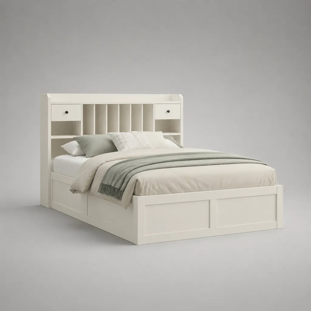 Lit double plateforme en MDF blanc, couchage 160 × 200 cm, tête de lit bibliothèque avec 2 tiroirs, dimensions 220 × 166 × 130 cm