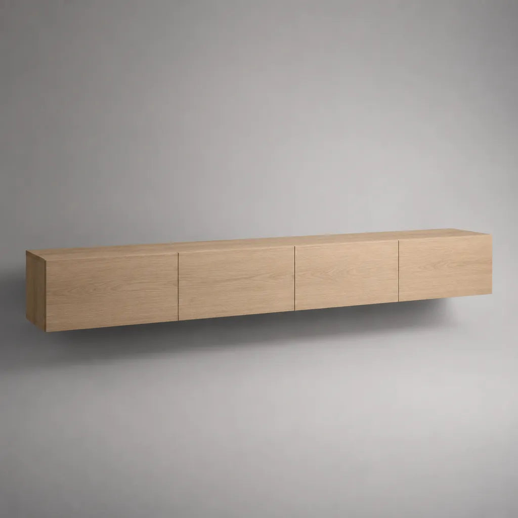Meuble TV suspendu mural en MDF plaqué chêne naturel, 4 portes, 240 × 40 × 40 cm