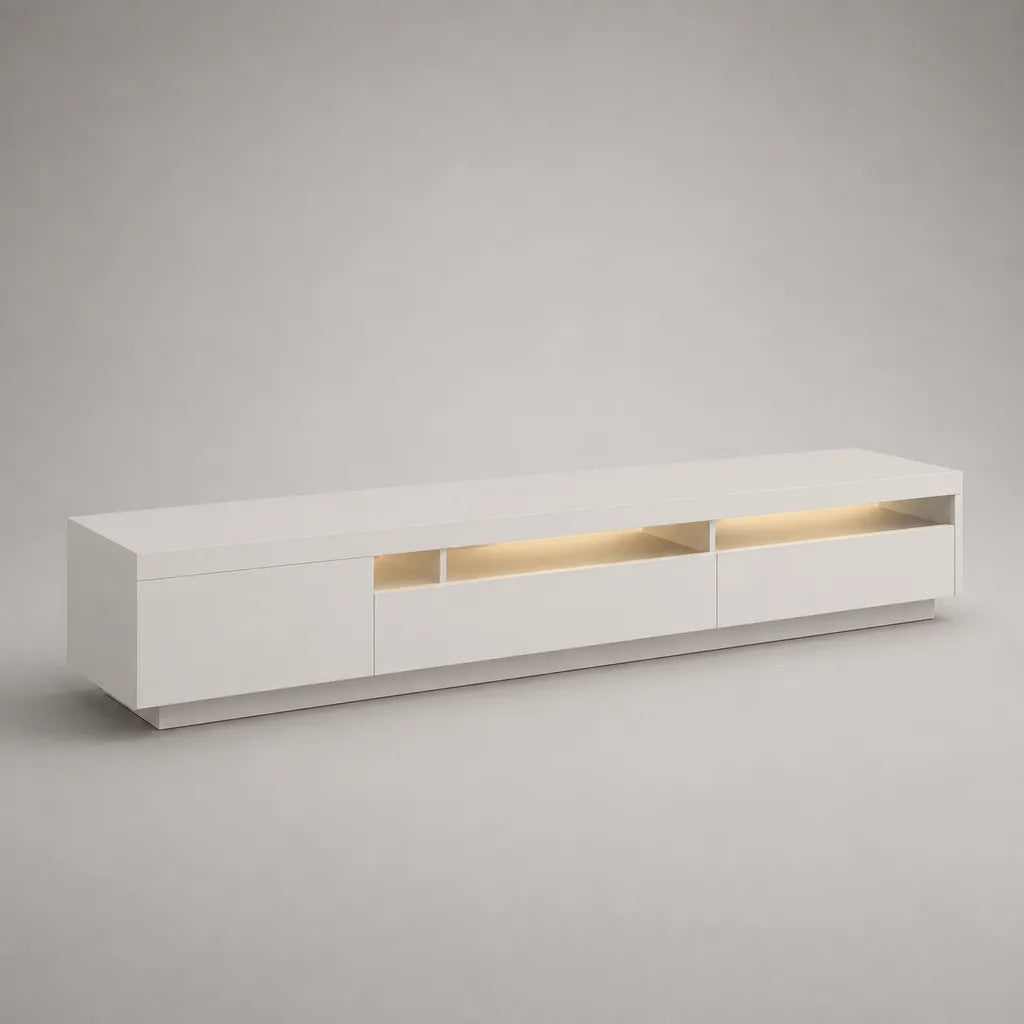 Meuble TV bas en panneaux de particules mélaminés blanc mat avec éclairage LED et rangements, 200 x 40 x 45 cm