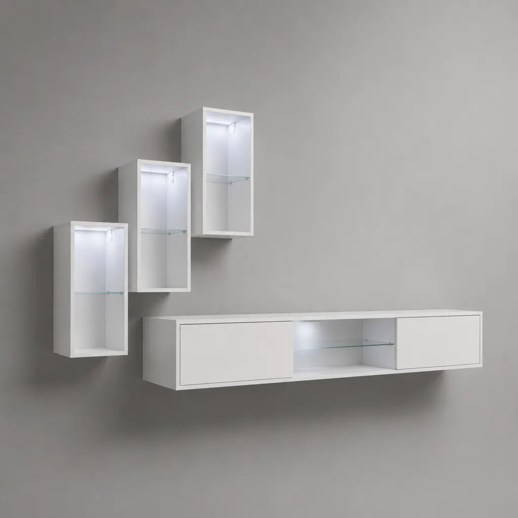 Ensemble meuble TV mural 4 pièces en MDF blanc et verre avec LED – meuble bas 180 × 35 × 40 cm et 3 colonnes 35 × 25 × 90 cm