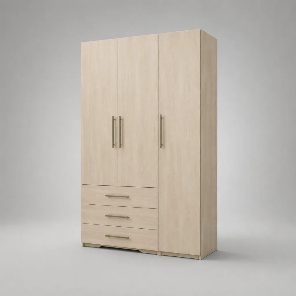 Armoire penderie en bois à 3 portes et 3 tiroirs, chêne clair, 120 × 180 × 50 cm