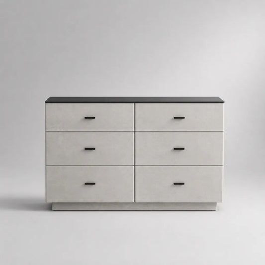Commode basse rectangulaire à 6 tiroirs en panneaux de particules mélaminés gris clair et noir, 120 × 40 × 76 cm