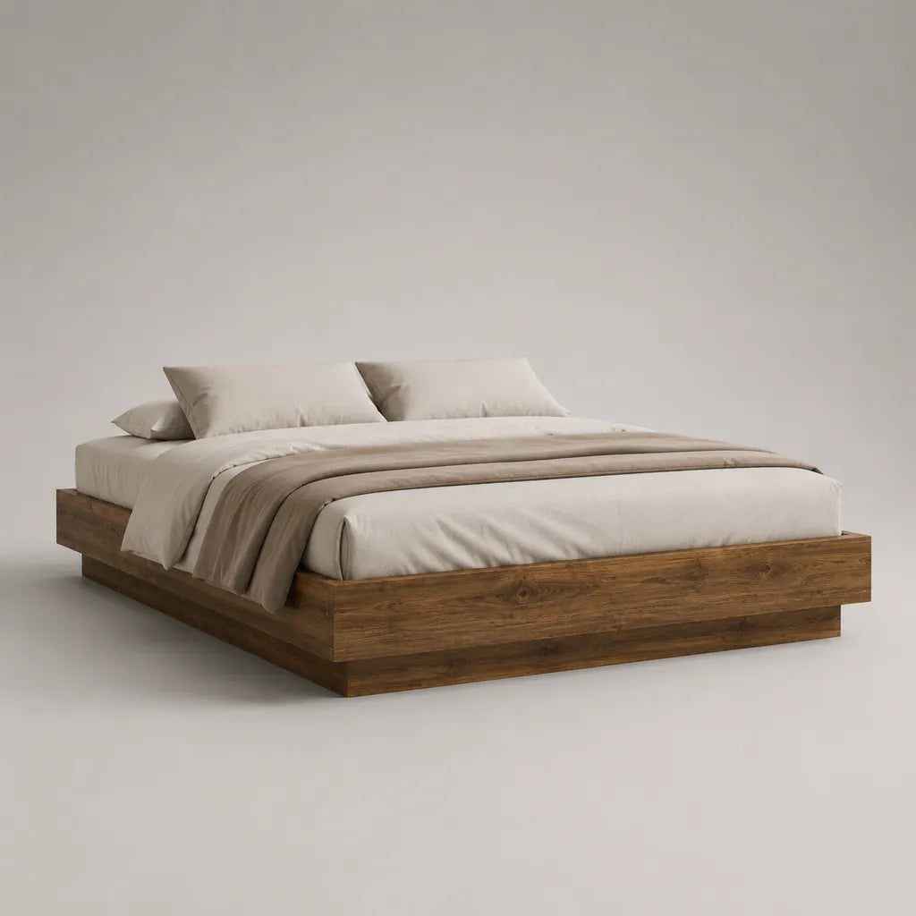 Lit plateforme 2 places en pin massif marron sans tête de lit, 220 × 180 × 38 cm, couchage 160 × 200 cm