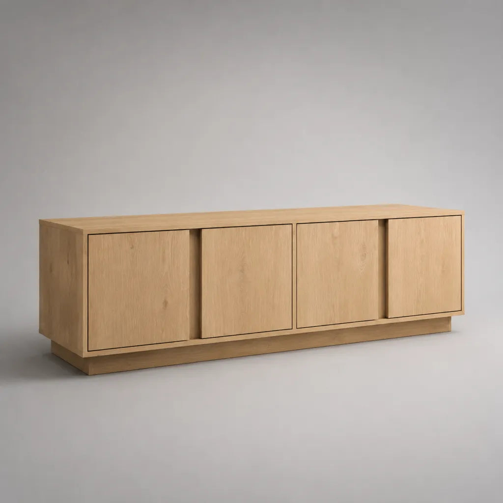 Meuble TV bas rectangulaire en bois et MDF plaqué chêne, 4 portes, chêne naturel, 180 × 40 × 65 cm