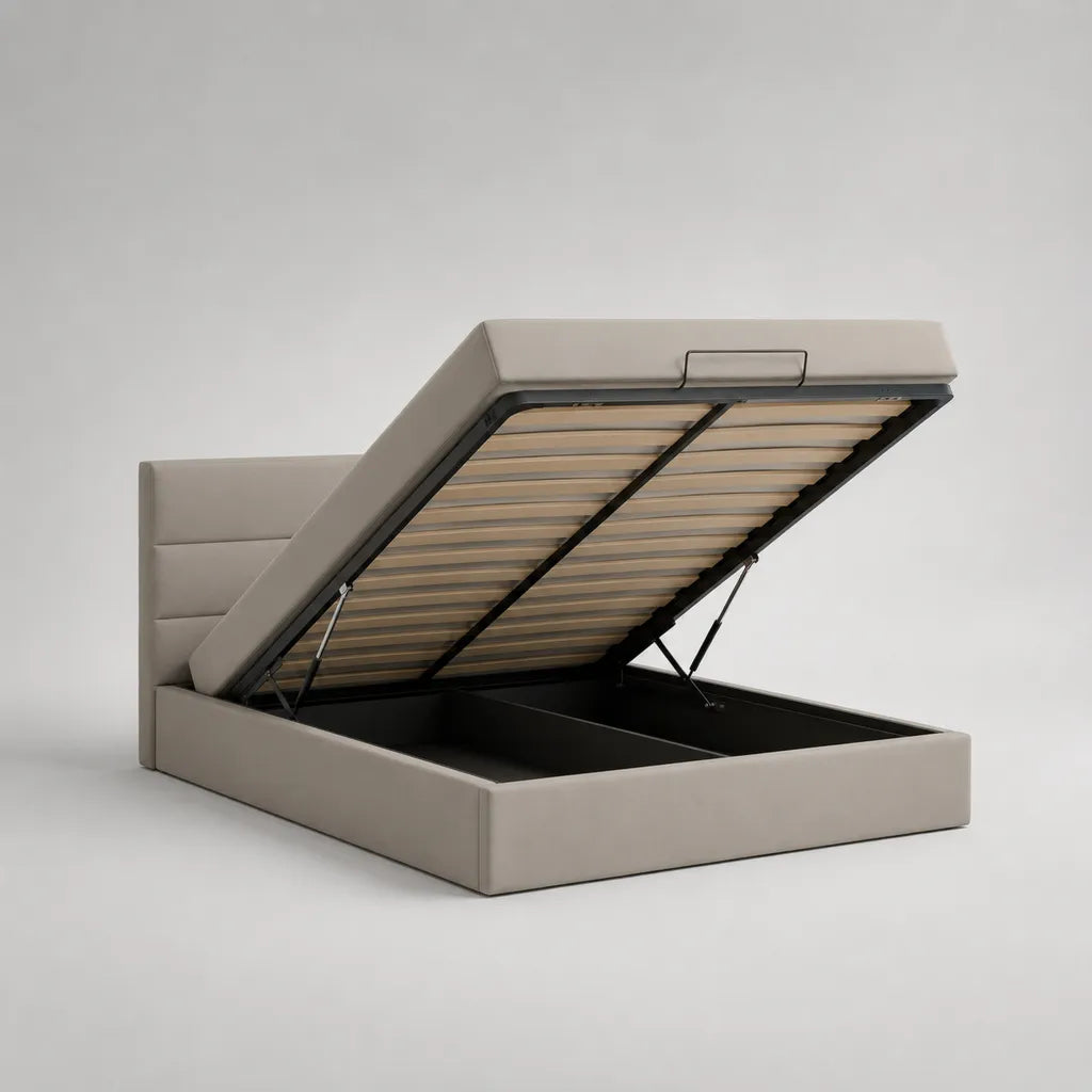Lit coffre double en tissu beige taupe 160 × 200 cm avec sommier relevable à lattes et structure en acier