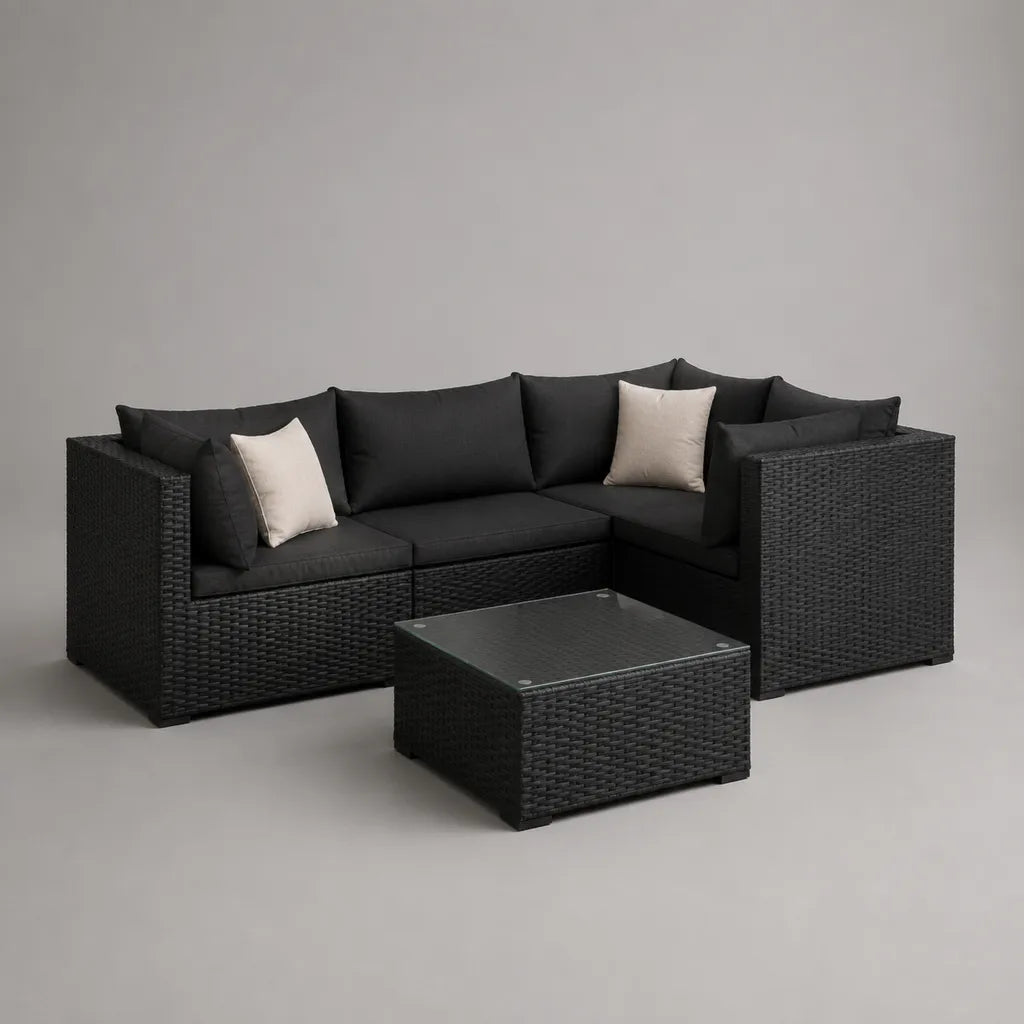 Ensemble de jardin 2 pièces avec canapé d’angle en L 3 places en résine tressée noire, table basse et coussins anthracite, canapé 218 × 145 × 74 cm, table 70 × 70 × 35 cm