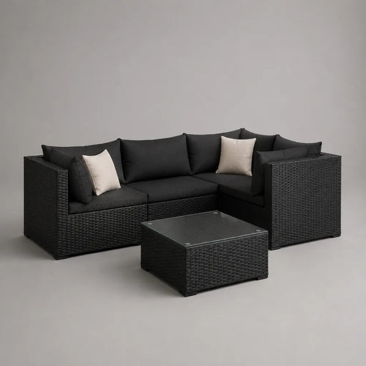 Ensemble de jardin 2 pièces avec canapé d’angle en L 3 places en résine tressée noire, table basse et coussins anthracite, canapé 218 × 145 × 74 cm, table 70 × 70 × 35 cm