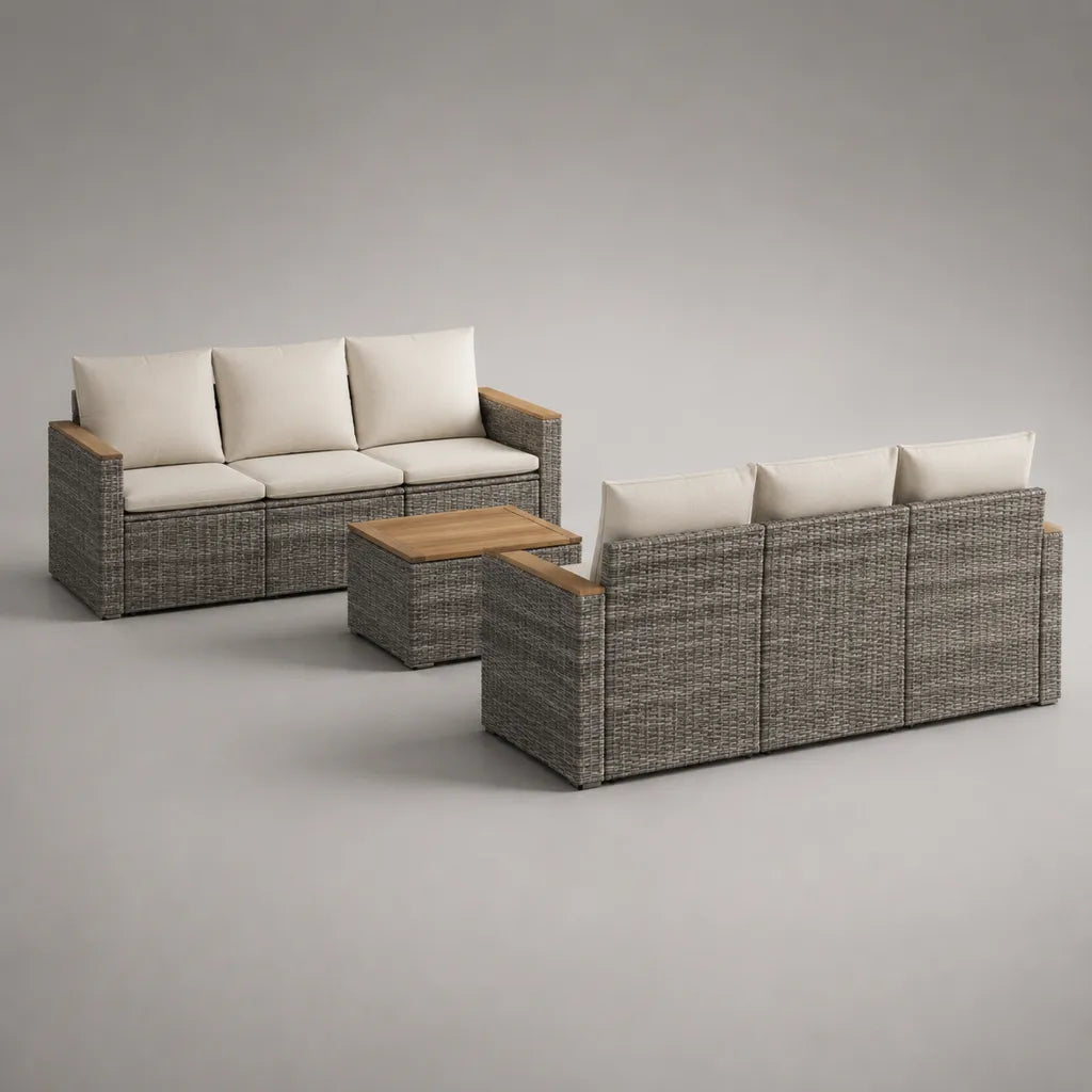 Salon de jardin extérieur 6 places, ensemble 3 pièces en résine tressée PE grise et acacia massif, coussins crème, canapés 195 x 75 x 80 cm, table 90 x 55 x 38 cm