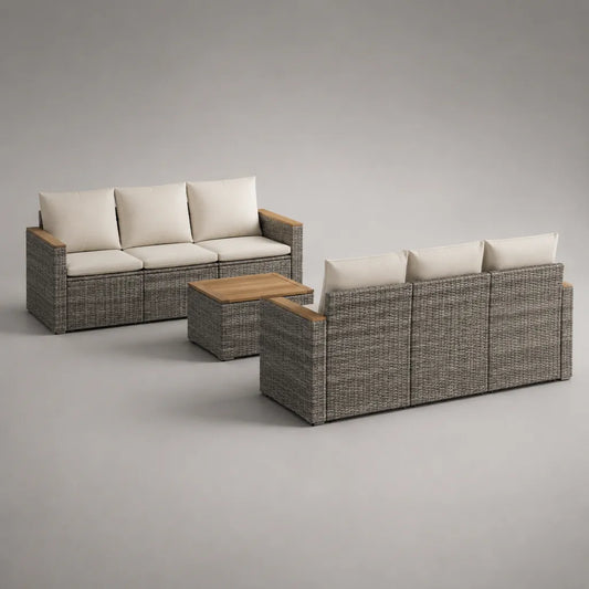 Salon de jardin extérieur 6 places, ensemble 3 pièces en résine tressée PE grise et acacia massif, coussins crème, canapés 195 x 75 x 80 cm, table 90 x 55 x 38 cm