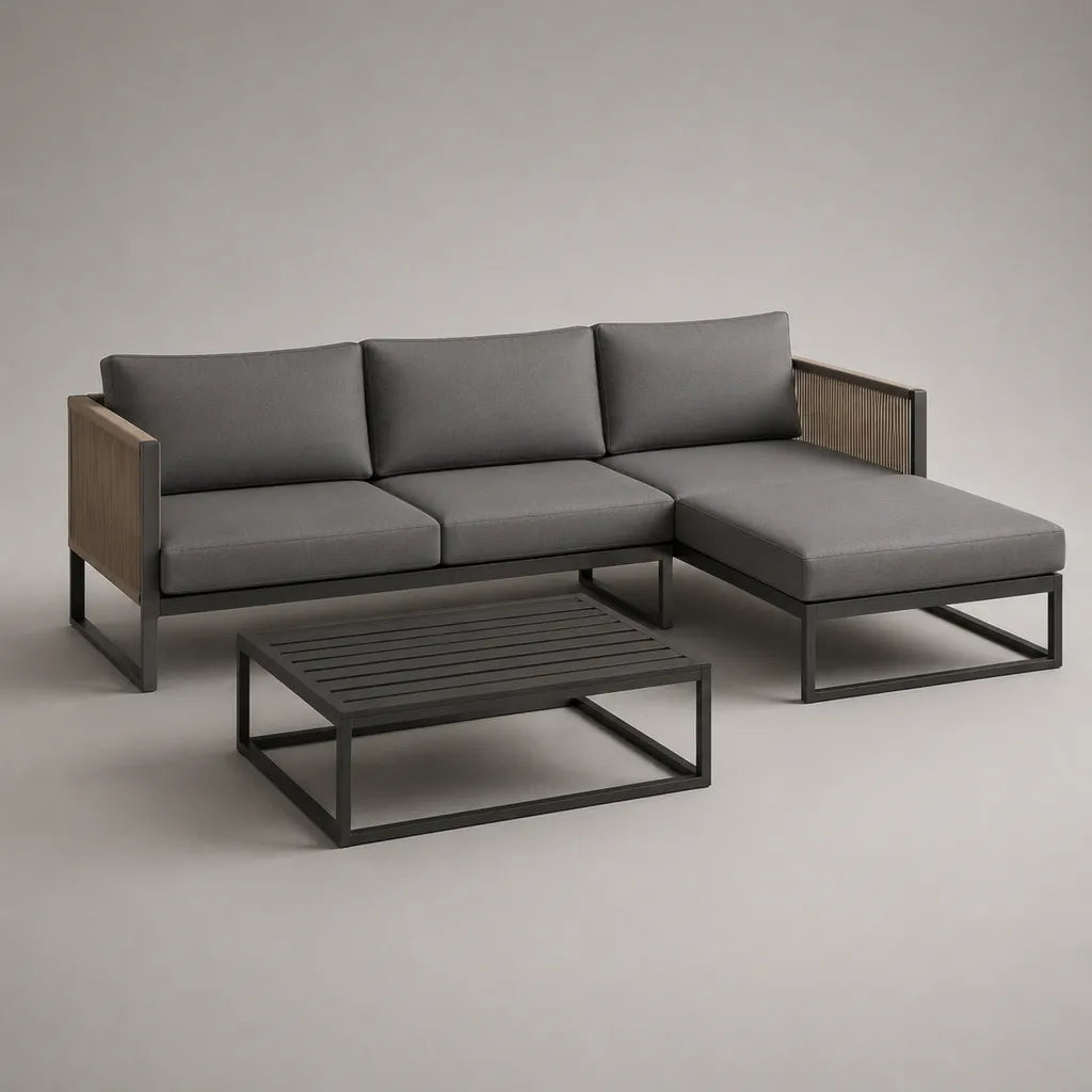 Ensemble de jardin 2 pièces en acier, canapé d’angle 3 places gris avec méridienne droite 240 × 150 × 78 cm et table basse 90 × 60 × 35 cm
