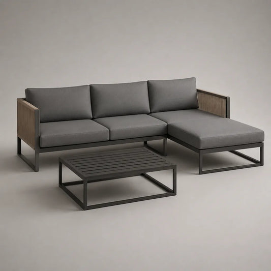 Ensemble de jardin 2 pièces en acier, canapé d’angle 3 places gris avec méridienne droite 240 × 150 × 78 cm et table basse 90 × 60 × 35 cm