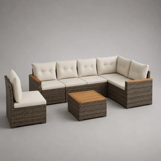 Salon de jardin modulable 7 pièces, canapé d’angle 6 places en résine tressée PE, acier et bois, taupe/beige/brun acacia, 280 × 210 × 75 cm