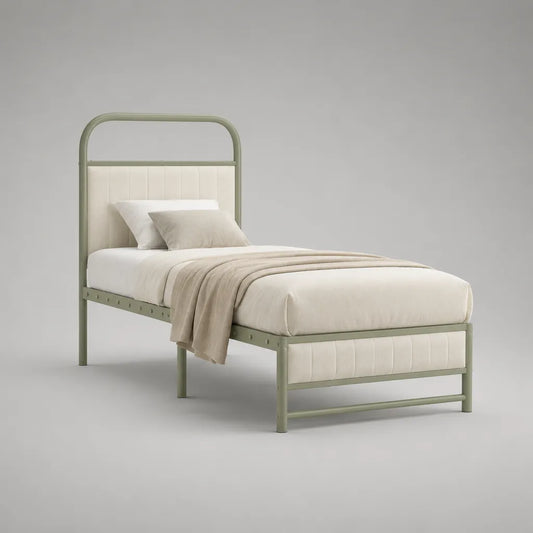 Cadre de lit simple 90 x 190 cm en acier avec tête de lit rembourrée, vert sauge et blanc cassé