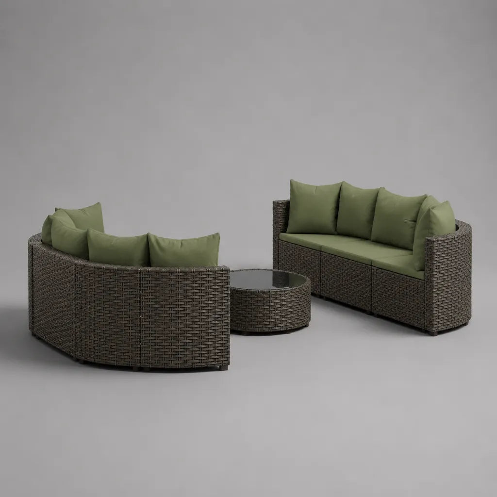 Salon de jardin extérieur 3 pièces 6 places en résine tressée et métal gris avec coussins vert olive, canapés 190 x 75 x 73 cm et 190 x 100 x 73 cm, table 90 x 55 x 32 cm
