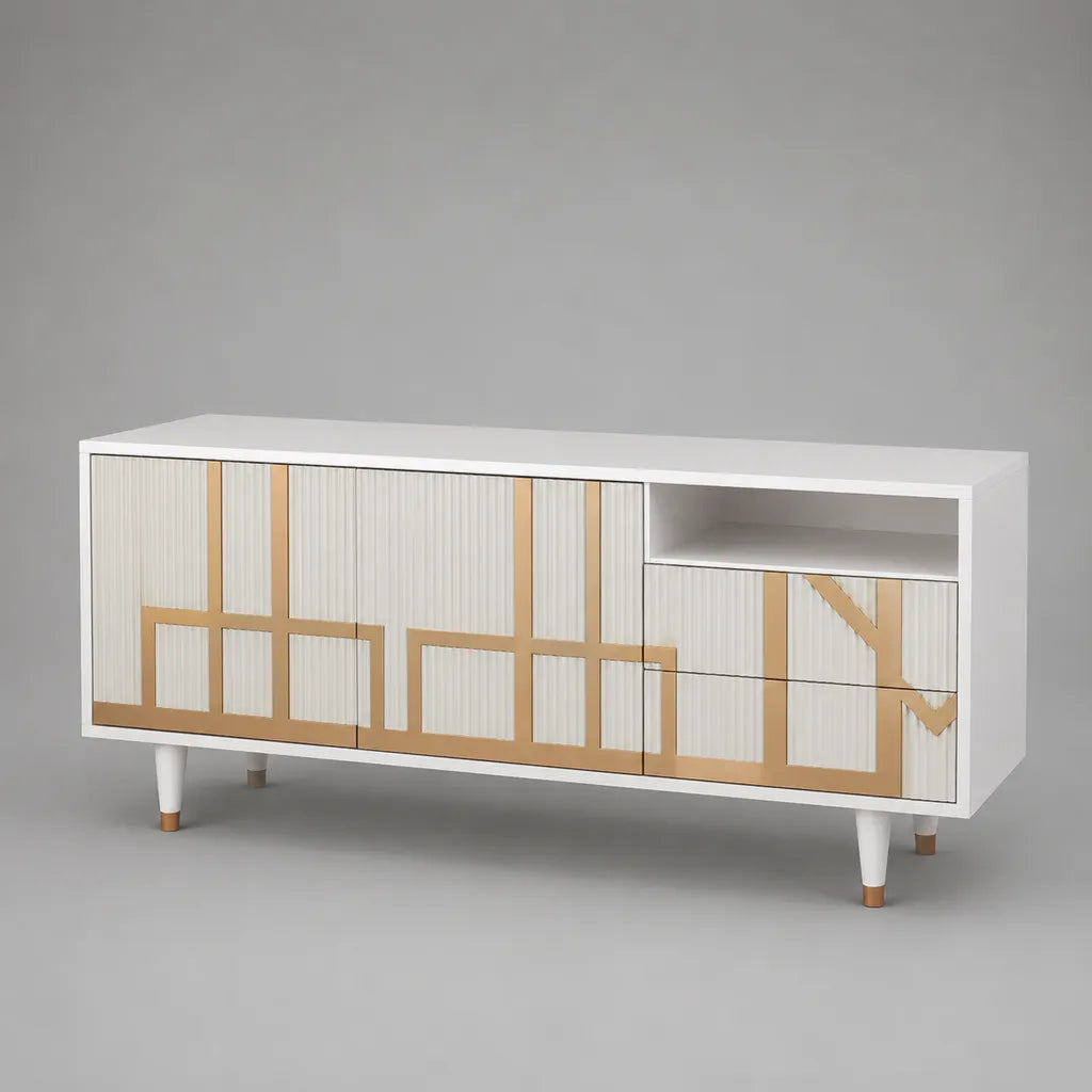 Meuble TV rectangulaire en MDF et panneaux de particules, blanc et doré, 140 × 40 × 65 cm
