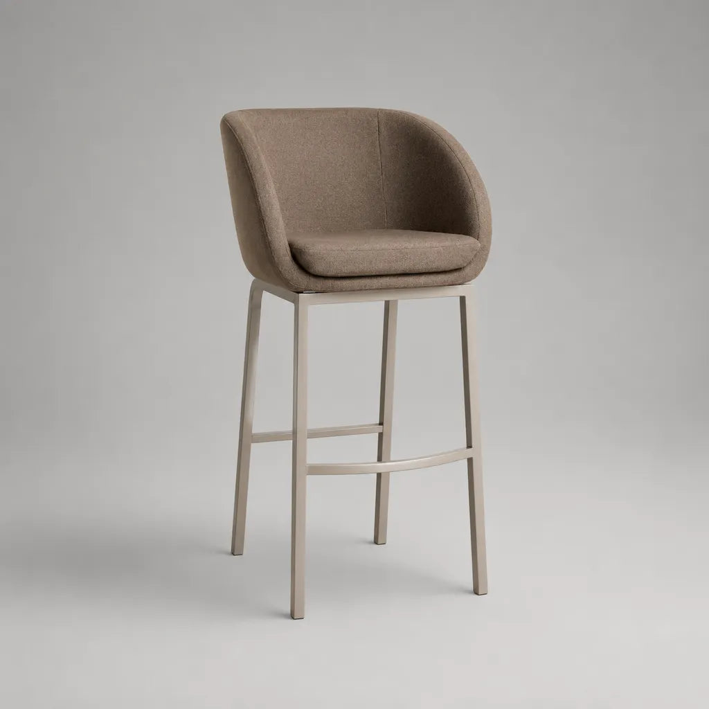 Tabouret de bar en tissu taupe et métal champagne avec dossier arrondi, 55 × 55 × 102 cm