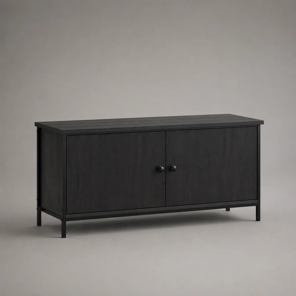 Meuble TV bas à 2 portes en panneaux de particules et acier noir, 120 × 40 × 65 cm