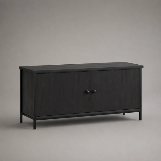 Meuble TV bas à 2 portes en panneaux de particules et acier noir, 120 × 40 × 65 cm