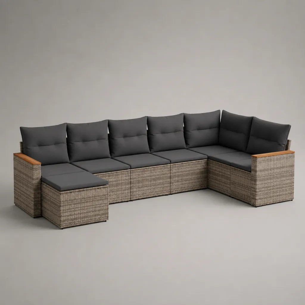 Canapé de jardin modulable 7 places avec pouf en résine tressée grise et coussins anthracite, 320 × 190 × 74 cm