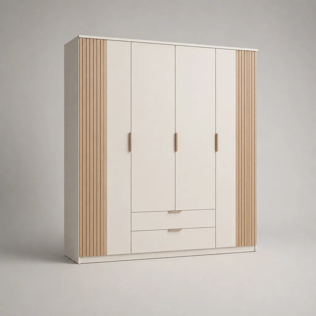 Armoire de rangement 4 portes et 2 tiroirs en MDF, blanc cassé et chêne clair, 200 × 55 × 210 cm