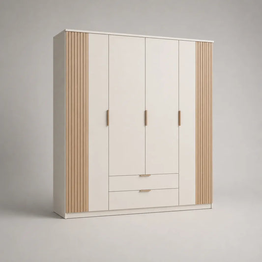 Armoire de rangement 4 portes et 2 tiroirs en MDF, blanc cassé et chêne clair, 200 × 55 × 210 cm