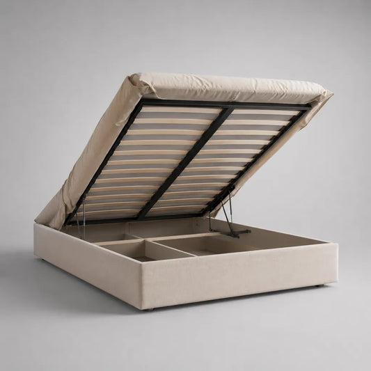 Lit coffre double beige 160 × 200 cm, dimensions 210 × 170 × 35 cm, sommier relevable à lattes, revêtement en tissu