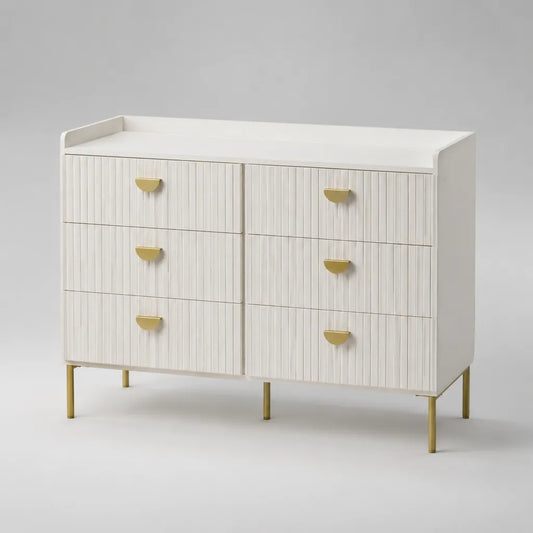 Commode rectangulaire à 6 tiroirs en MDF et acier, blanc cassé et laiton, 120 × 40 × 90 cm