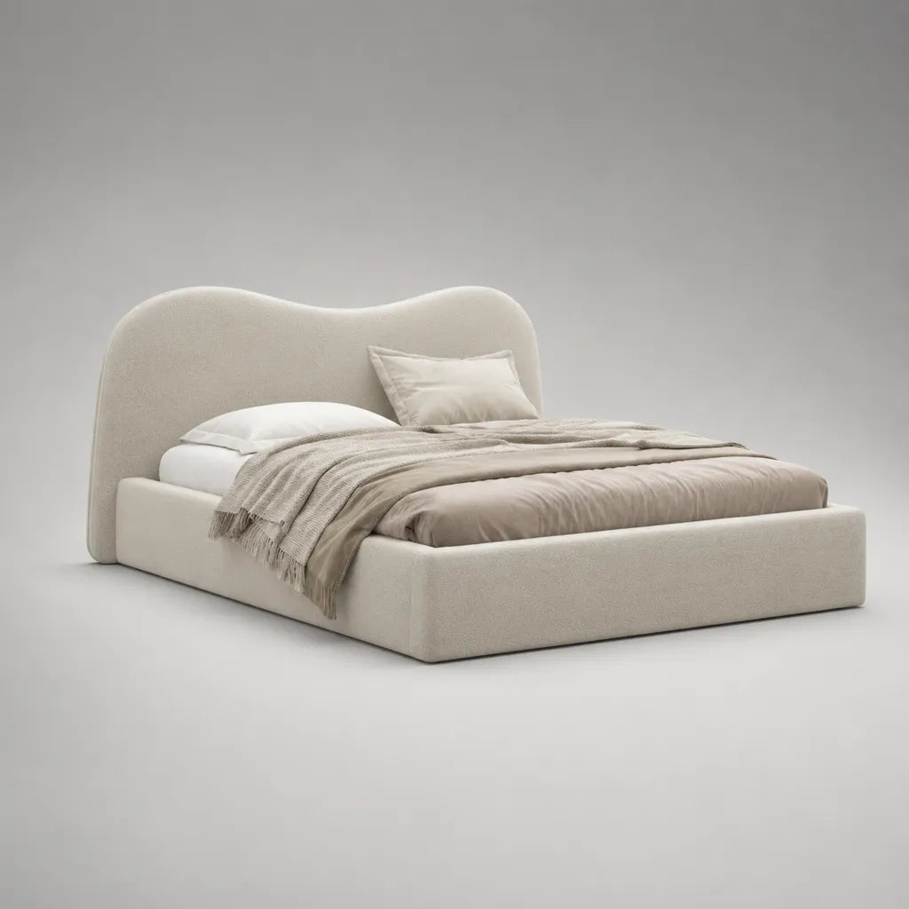 Lit coffre 160 x 200 cm avec sommier relevable, revêtement en tissu bouclé écru et tête de lit ondulée