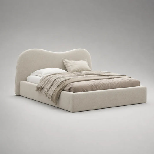 Lit coffre 160 x 200 cm avec sommier relevable, revêtement en tissu bouclé écru et tête de lit ondulée