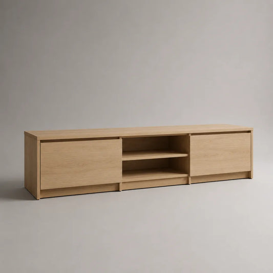 Meuble TV bas rectangulaire en panneaux de particules, 2 portes et 2 niches, chêne clair, 180 × 40 × 55 cm