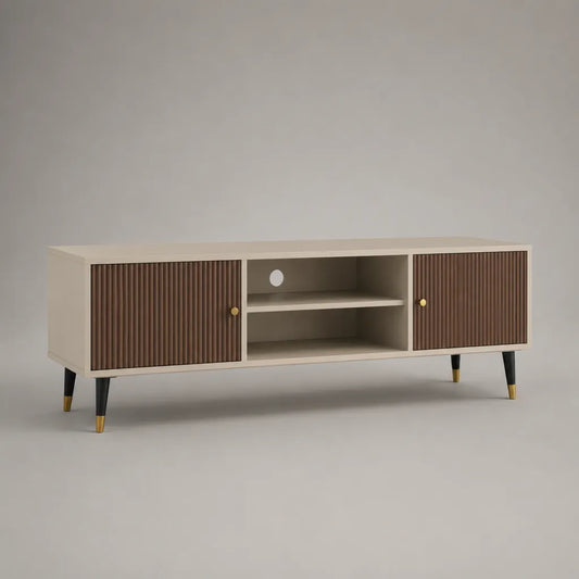 Meuble TV rectangulaire en MDF beige et brun foncé, 2 portes et 2 niches, 120 × 40 × 60 cm
