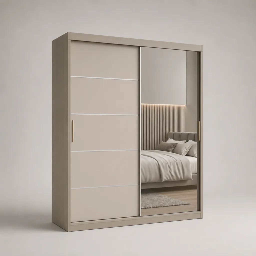 Armoire à 2 portes coulissantes avec miroir en panneaux de particules mélaminés beige et argenté, 180 × 60 × 220 cm