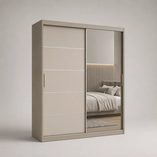 Armoire à 2 portes coulissantes avec miroir en panneaux de particules mélaminés beige et argenté, 180 × 60 × 220 cm