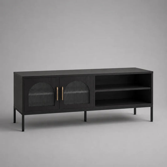 Meuble TV noir et laiton avec 2 portes et 2 niches en MDF, verre cannelé et acier, 140 × 40 × 60 cm