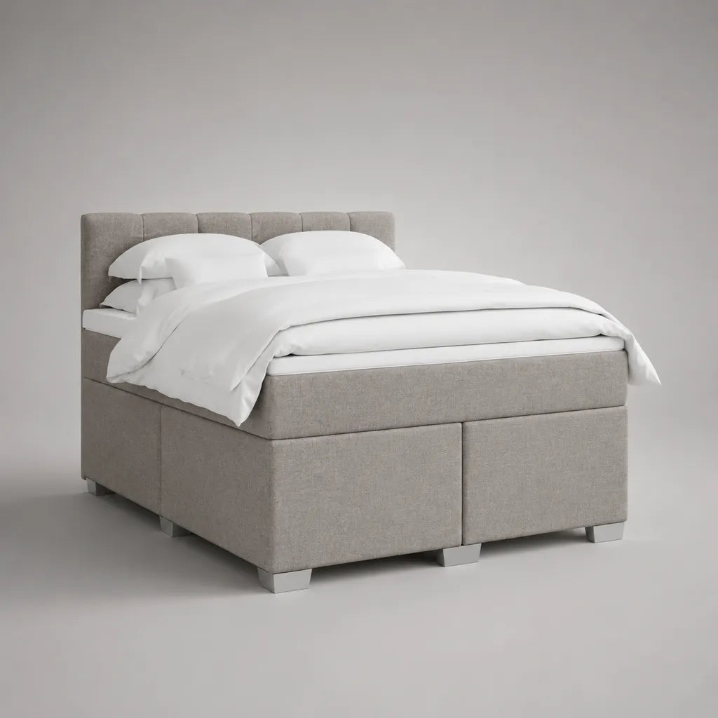 Lit tapissier rectangulaire 2 places en tissu gris clair avec tête de lit, matelas et surmatelas, couchage 160 x 200 cm