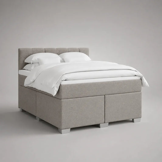 Lit tapissier rectangulaire 2 places en tissu gris clair avec tête de lit, matelas et surmatelas, couchage 160 x 200 cm