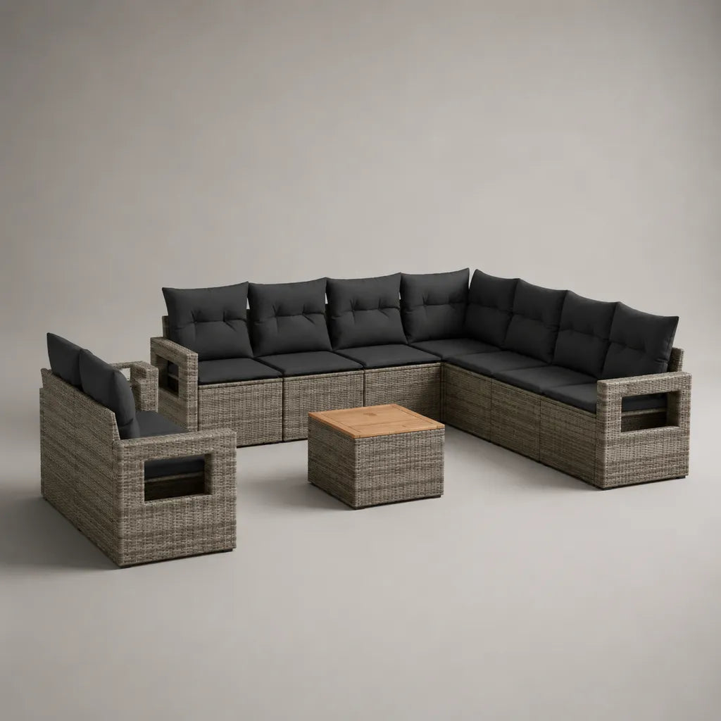 Salon de jardin extérieur 8 pièces, canapé d’angle 6 places, fauteuil et table basse, résine tressée grise, coussins noirs, 248 × 190 × 74 cm
