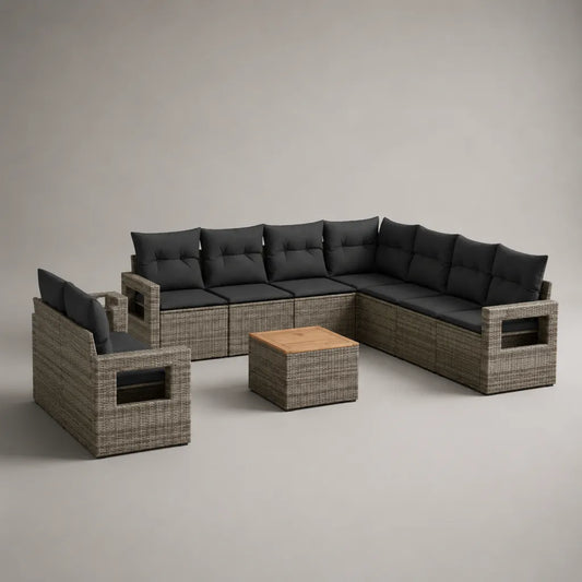 Salon de jardin extérieur 8 pièces, canapé d’angle 6 places, fauteuil et table basse, résine tressée grise, coussins noirs, 248 × 190 × 74 cm