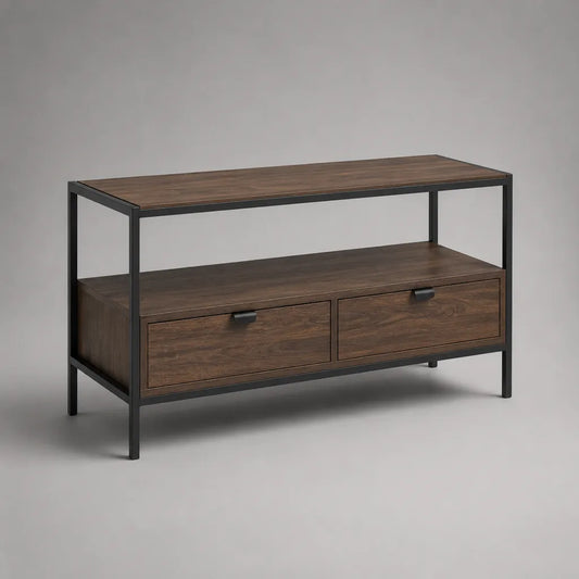 Meuble TV rectangulaire en bois et métal, brun noyer et noir, 120 × 40 × 70 cm, avec étagère ouverte et 2 tiroirs