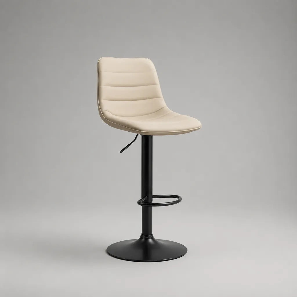 Tabouret de bar réglable et pivotant en PU crème et acier noir avec dossier et repose-pieds, 46 × 50 × 84–105 cm