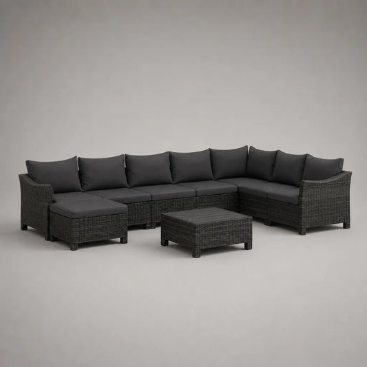 Salon de jardin d’angle modulable 9 places, ensemble 10 pièces en résine tressée et acier, gris anthracite, 325 × 260 × 70 cm